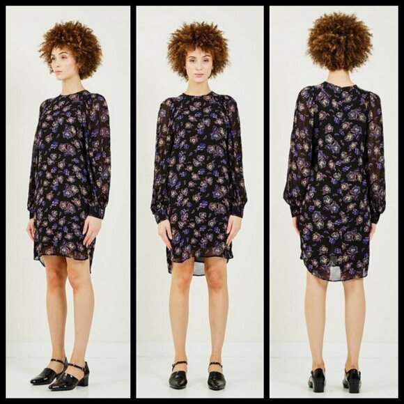 💕GANNI💕 Floral Georgette Mini Shift Dress ~ Black Floral Print 38 EU - Picture 5 of 16